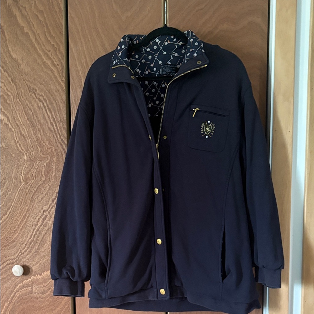 Escada Sport Navy Zip Jacket Golf theme with Embroidered Crest and Gold Hardware